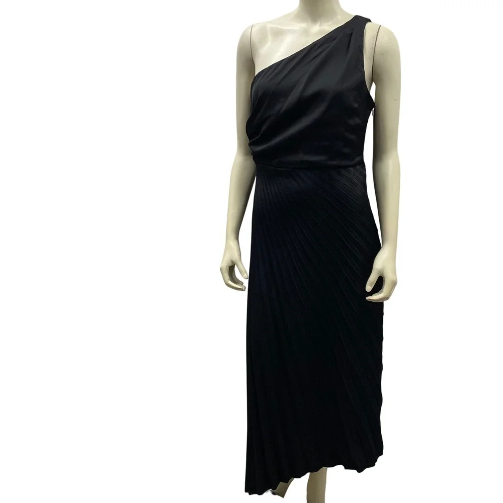 Sam Edelman $138Black One Shoulder Pleated Midi Dress Cocktail‎ Formal 6 NWT